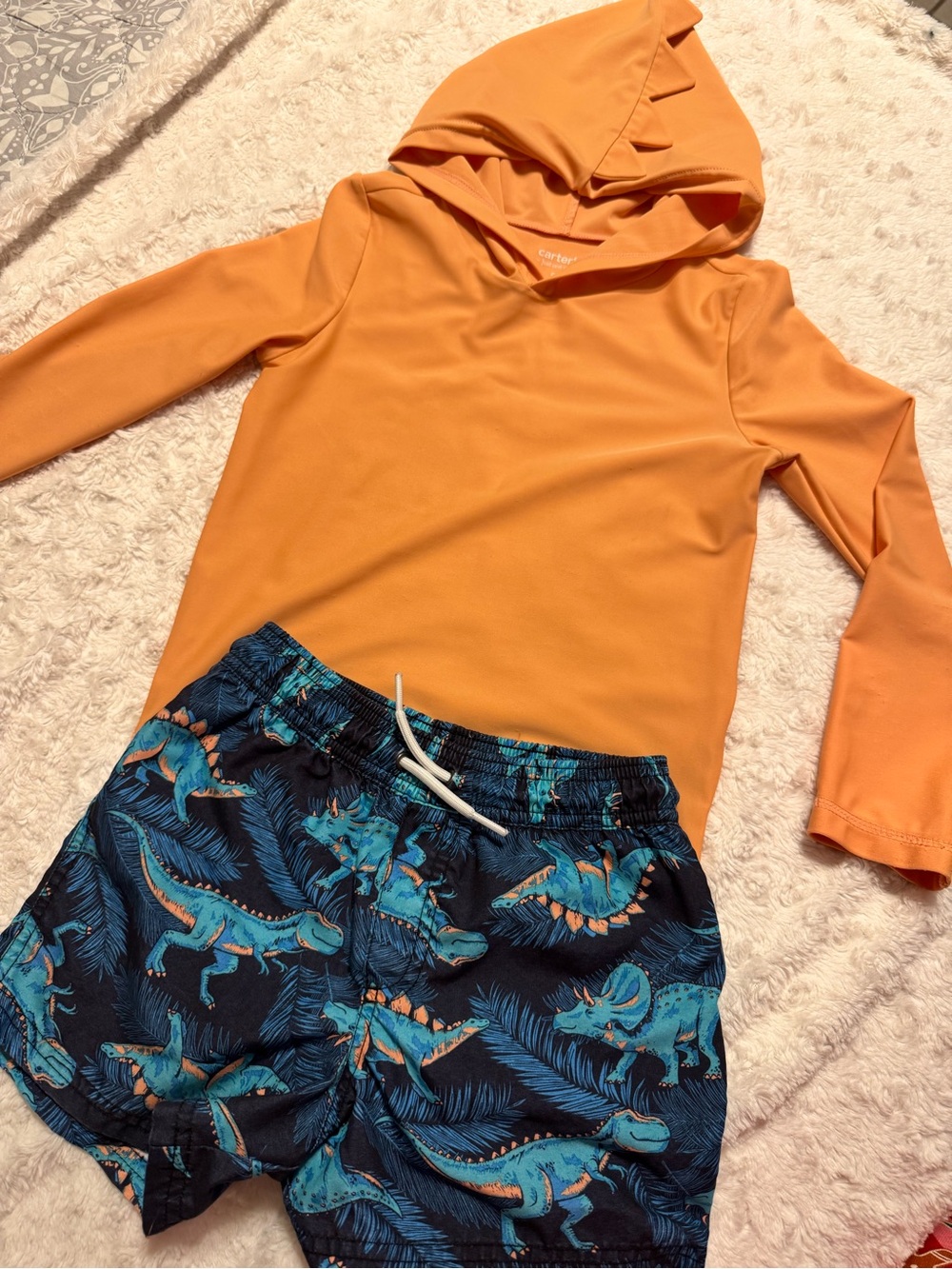 Carters size 5T Orange Hooded Swim Top with Dinosaur Swim Trunks